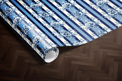 Luxury Blue Floral Damask Stripe Wrapping Pap