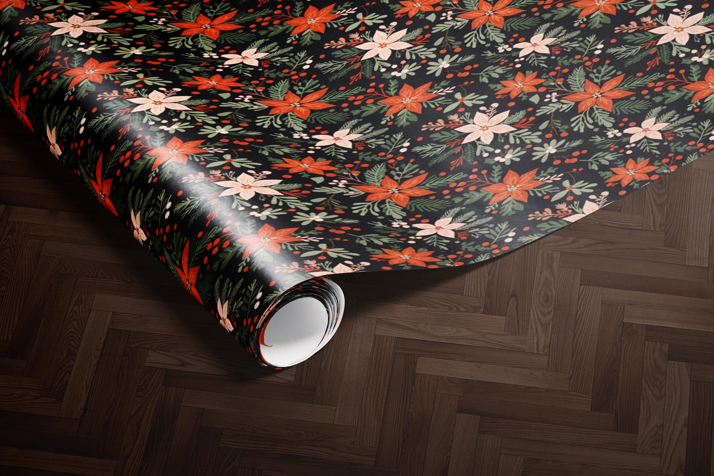 Black Poinsettia Christmas Wrapping Paper
