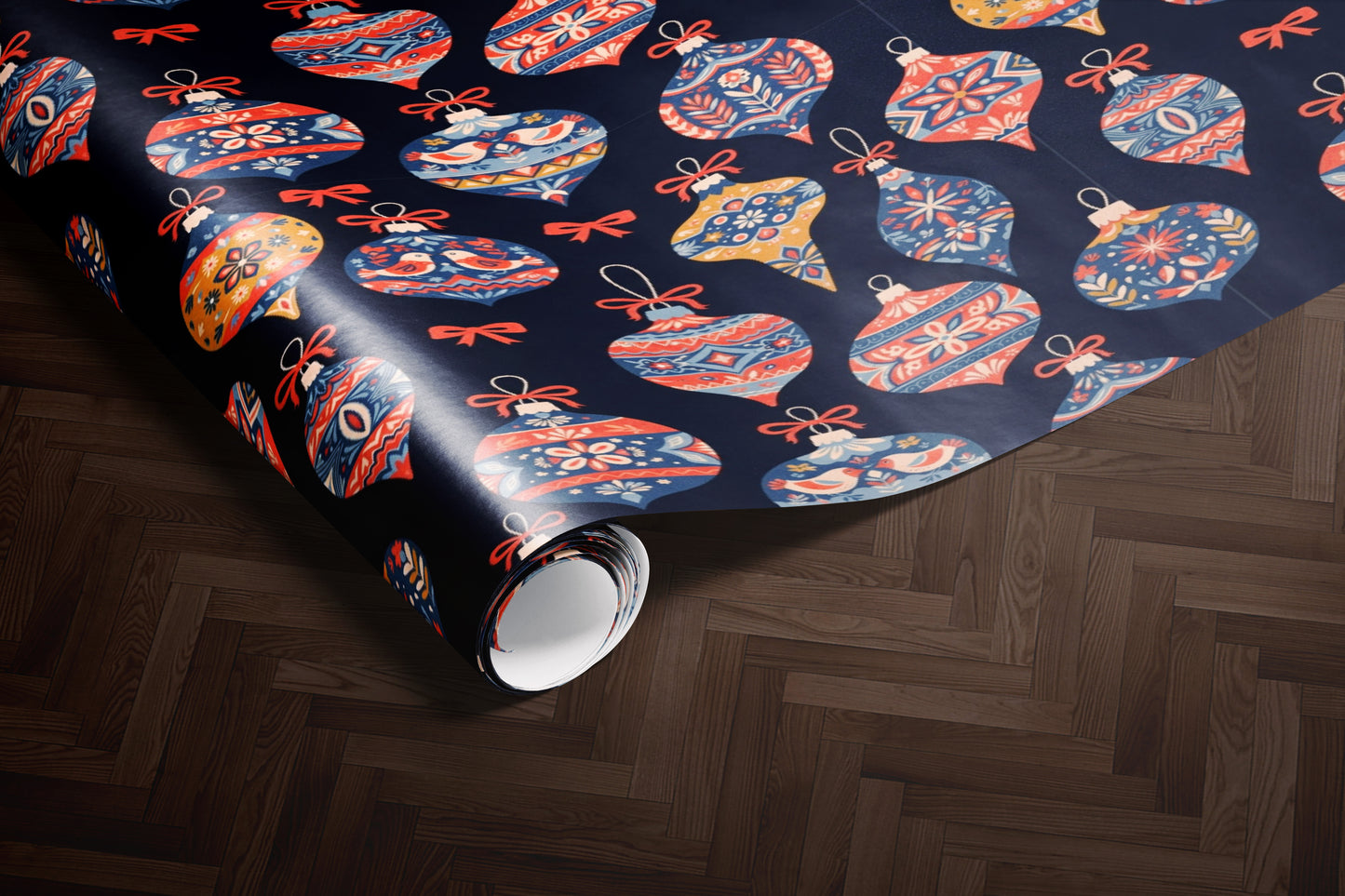 Navy Gift Wrap with Red & Blue Christmas Ornaments