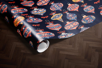 Navy Gift Wrap with Red & Blue Christmas Ornaments