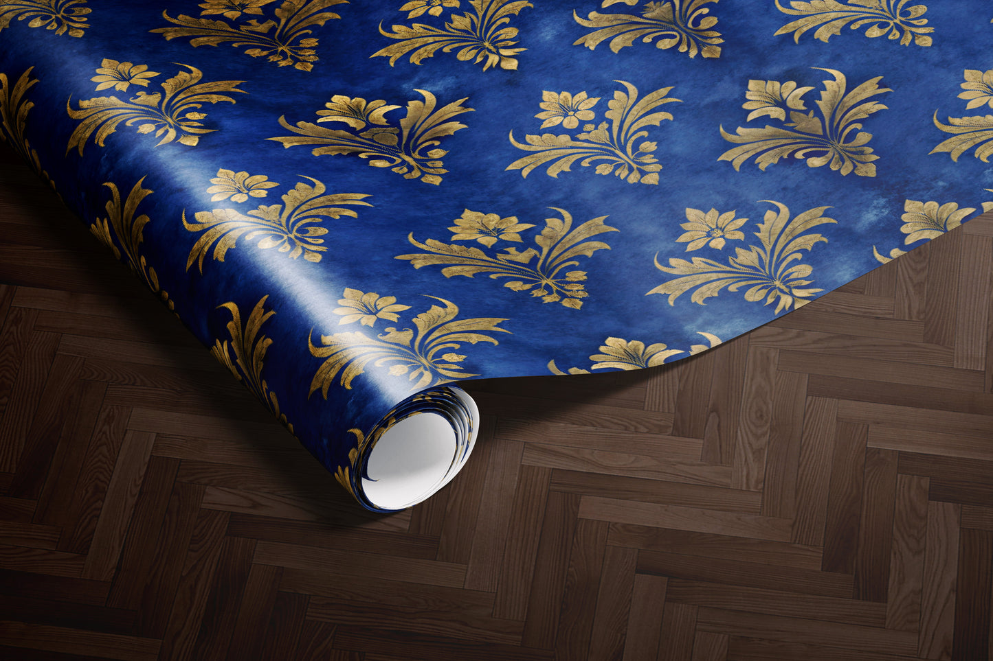 Blue Golden Floral Damask Wrapping Paper