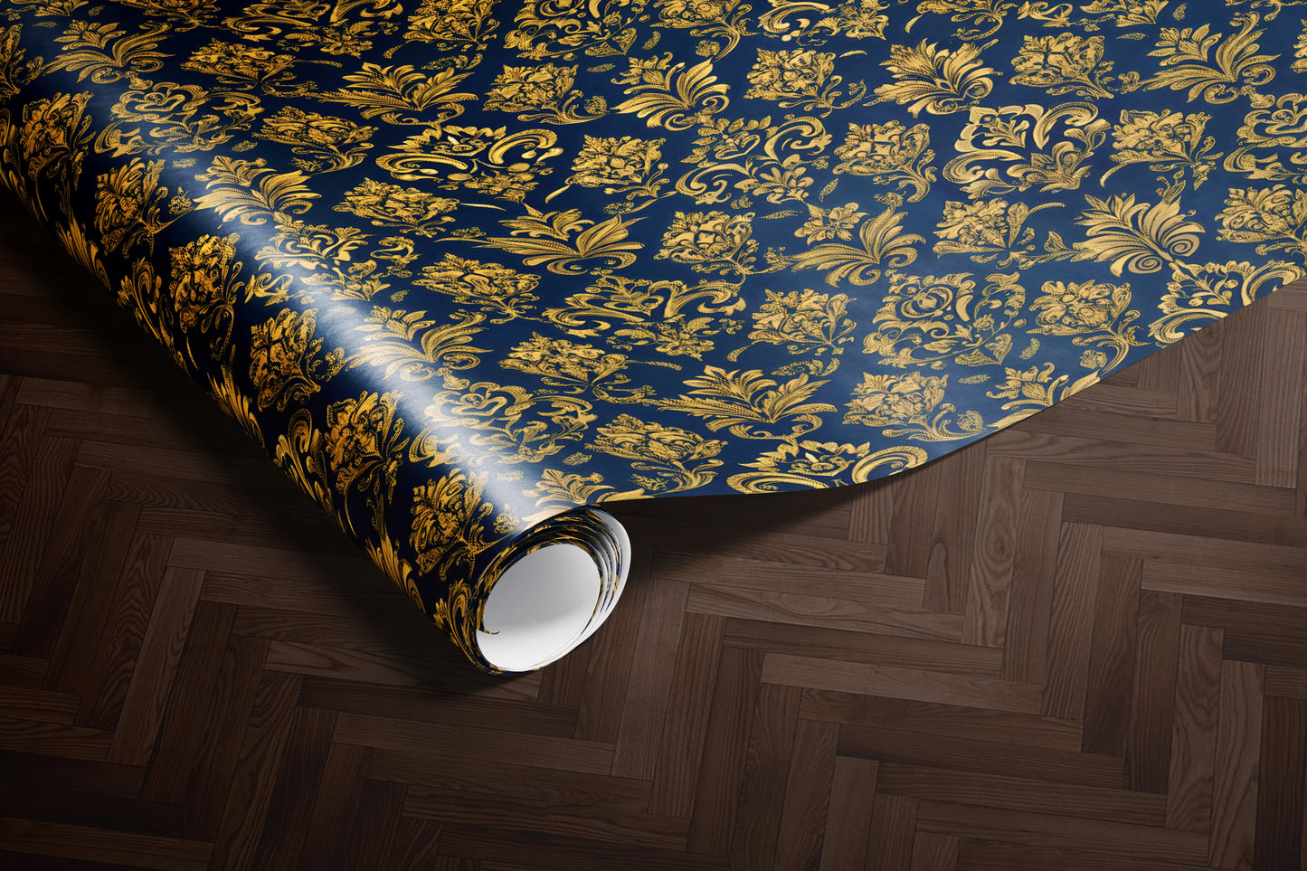 Navy Gold Baroque Floral Wrapping Paper