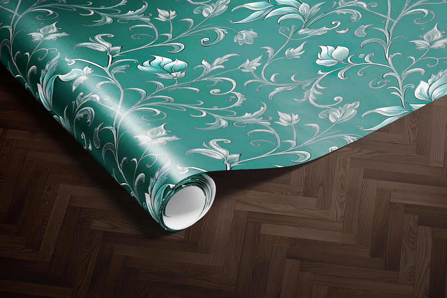 Teal and Silver Floral Damask Wrapping Paper