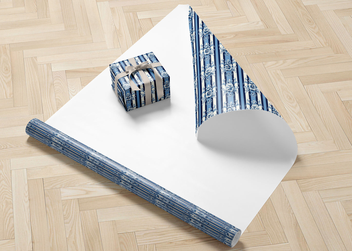Luxury Blue Floral Damask Stripe Wrapping Pap