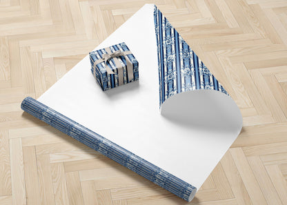 Luxury Blue Floral Damask Stripe Wrapping Pap