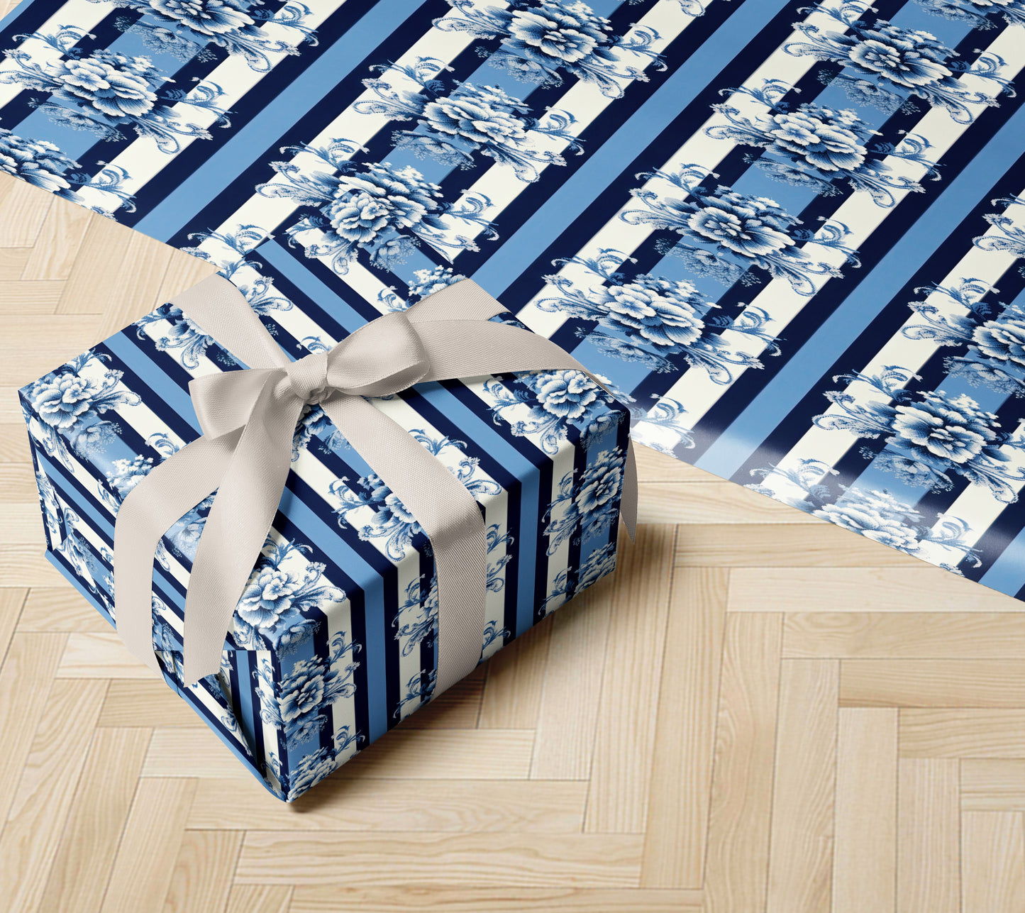 Luxury Blue Floral Damask Stripe Wrapping Pap
