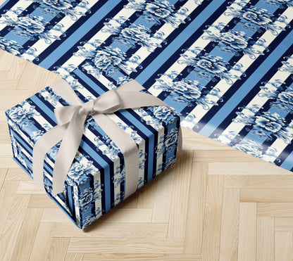 Luxury Blue Floral Damask Stripe Wrapping Pap