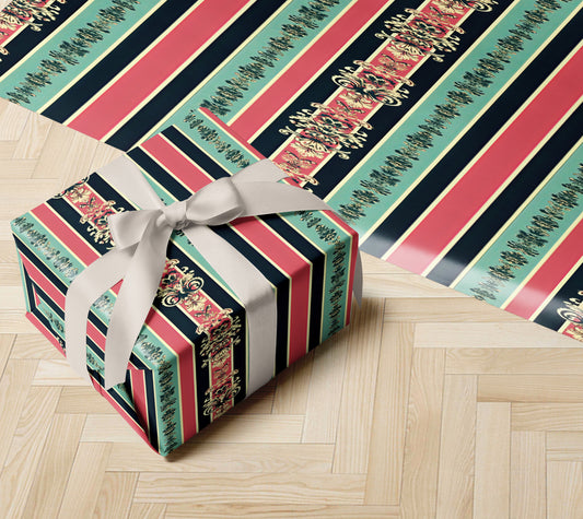 Teal Pink Gold Baroque Pattern Wrapping Paper