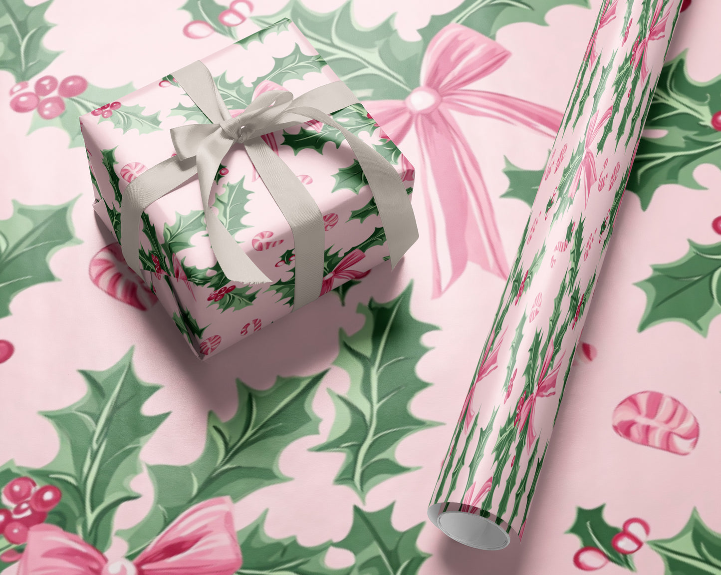 Pink Holly & Bows Christmas Wrapping Paper
