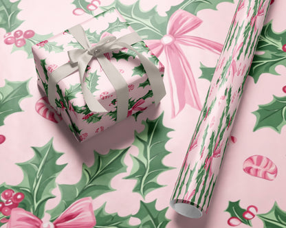 Pink Holly & Bows Christmas Wrapping Paper