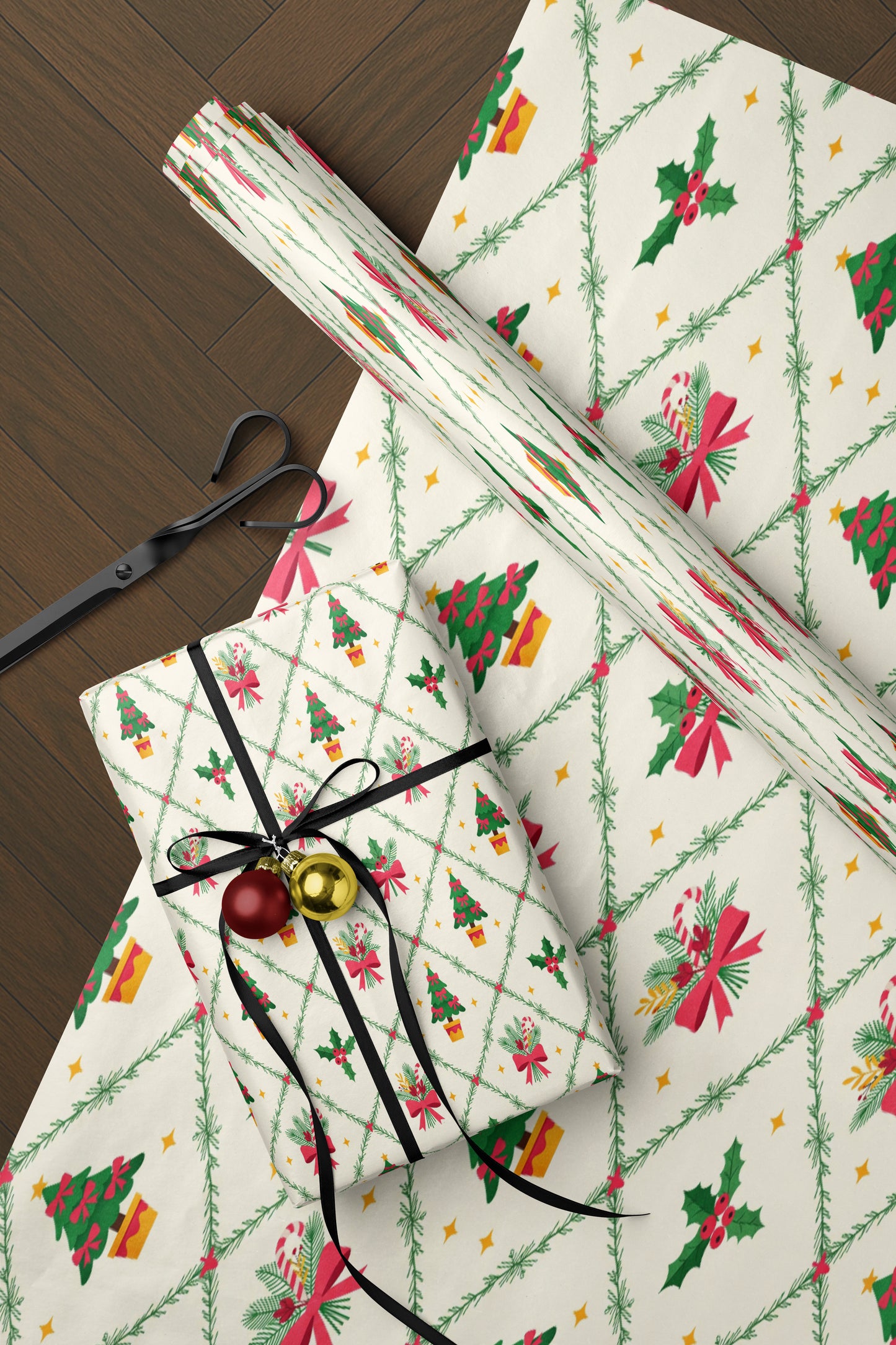 Christmas Wrapping Paper Roll with Trees & Holly
