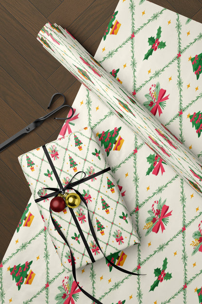 Christmas Wrapping Paper Roll with Trees & Holly