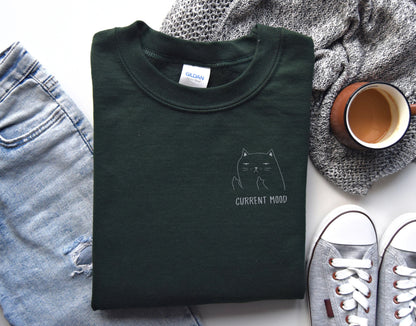 😼 "Current Mood" Cat Embroidered Sweatshirt