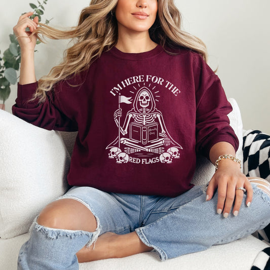 Skeleton Sweatshirt for Spooky Bookish Halloween 🎃💀 – "Here for the Red Flags"