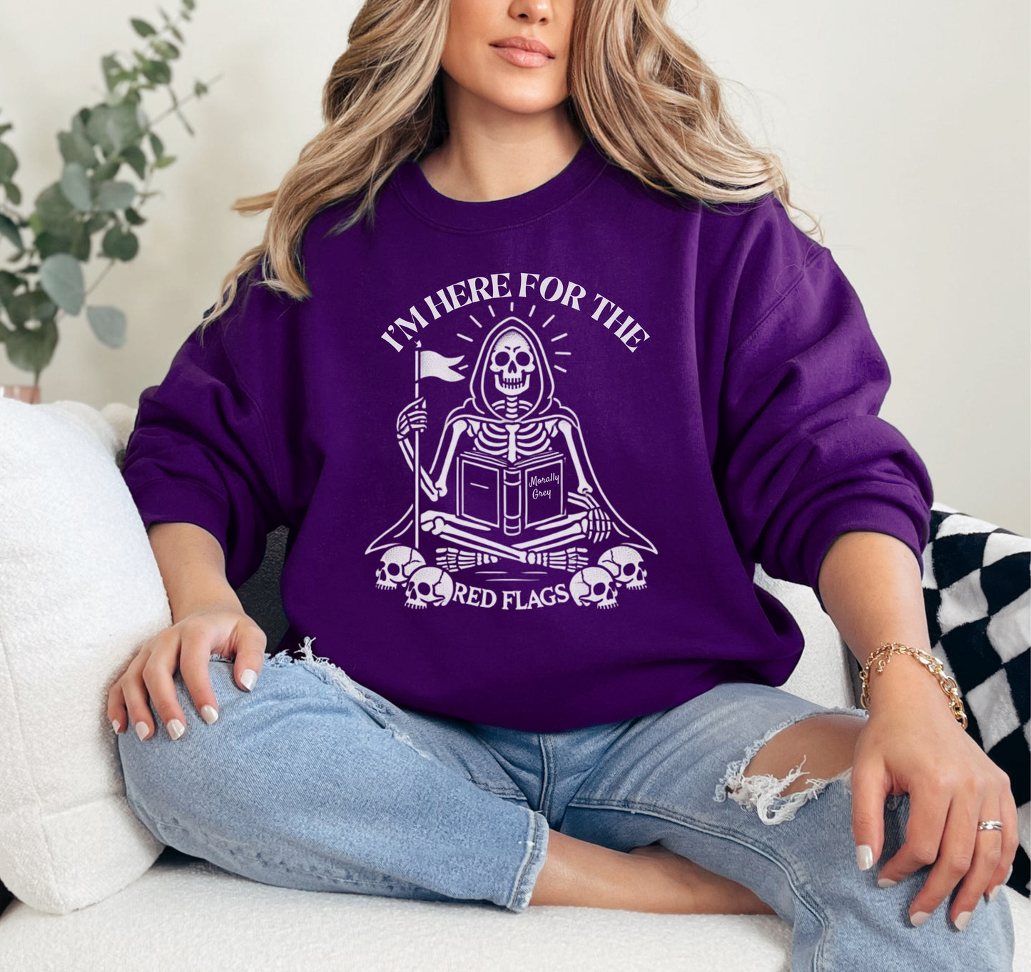 Skeleton Sweatshirt for Spooky Bookish Halloween 🎃💀 – "Here for the Red Flags"