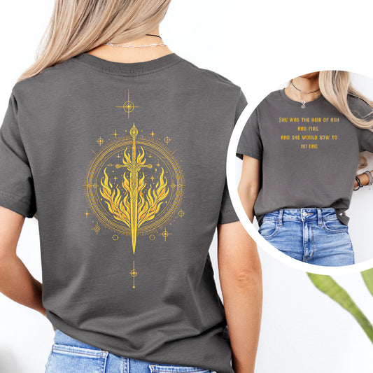 🔥 Aelin Galathynius Fantasy Shirt - "Ash and Fire" Quote with Fiery Sword Graphic 🔥