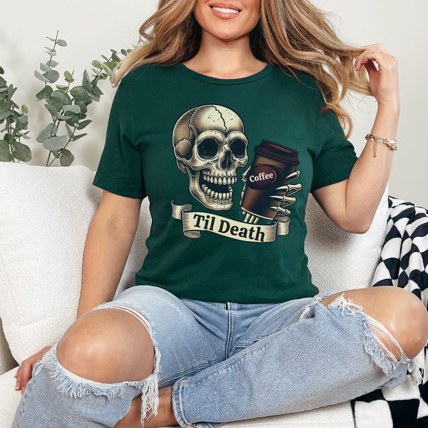 💀 Til Death Coffee Skull T-shirt - Spooky Goth Fashion for Halloween & Coffee Lovers ☕