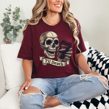 💀 Til Death Coffee Skull T-shirt - Spooky Goth Fashion for Halloween & Coffee Lovers ☕