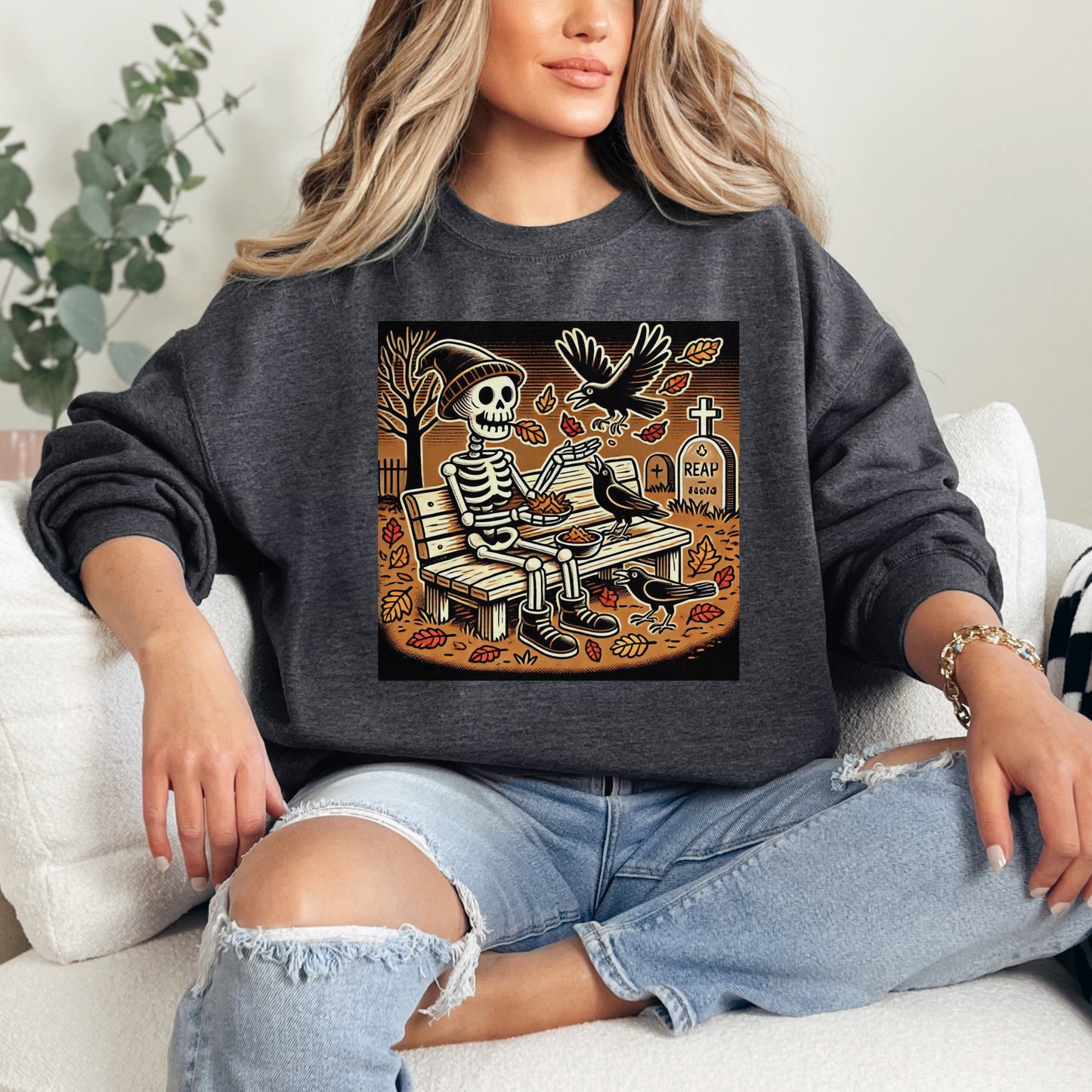 🍂 Autumn Skeleton Sweatshirt - Spooky Park Bench Design 🍂