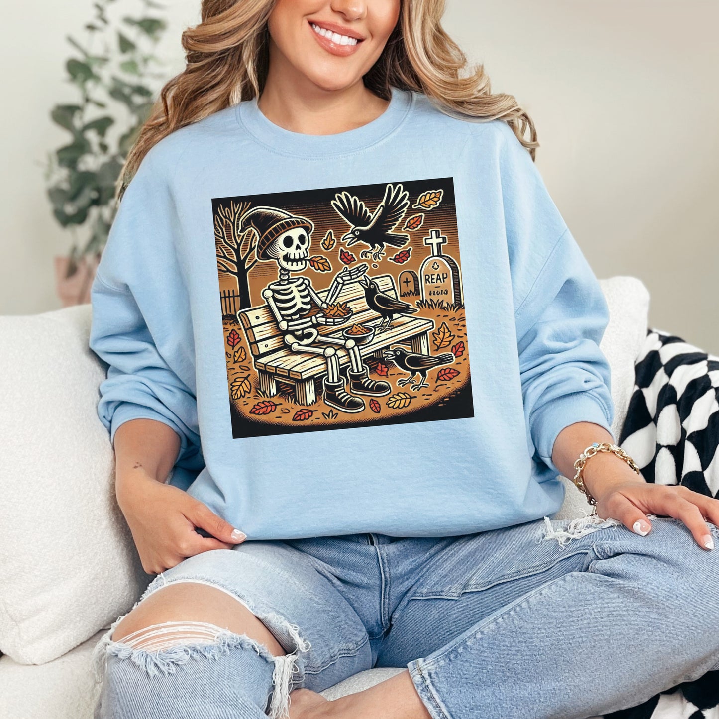 🍂 Autumn Skeleton Sweatshirt - Spooky Park Bench Design 🍂