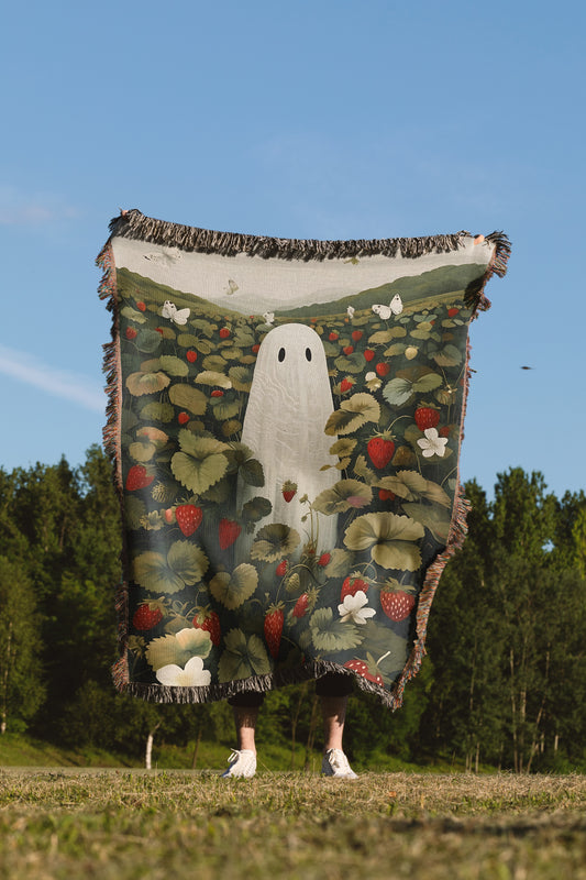 Cottagecore Ghost & Strawberry Woven Blanket 🍓👻