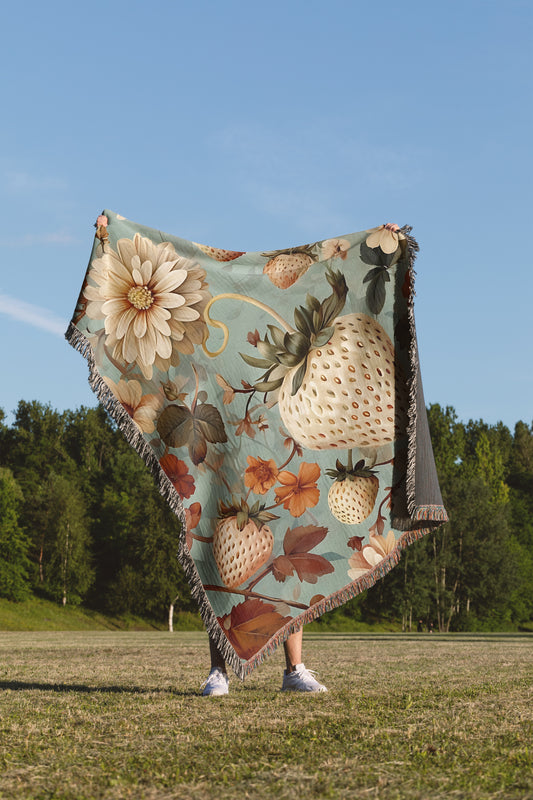 Vintage Cottagecore Strawberry & Floral Woven Blanket 🍓🌼