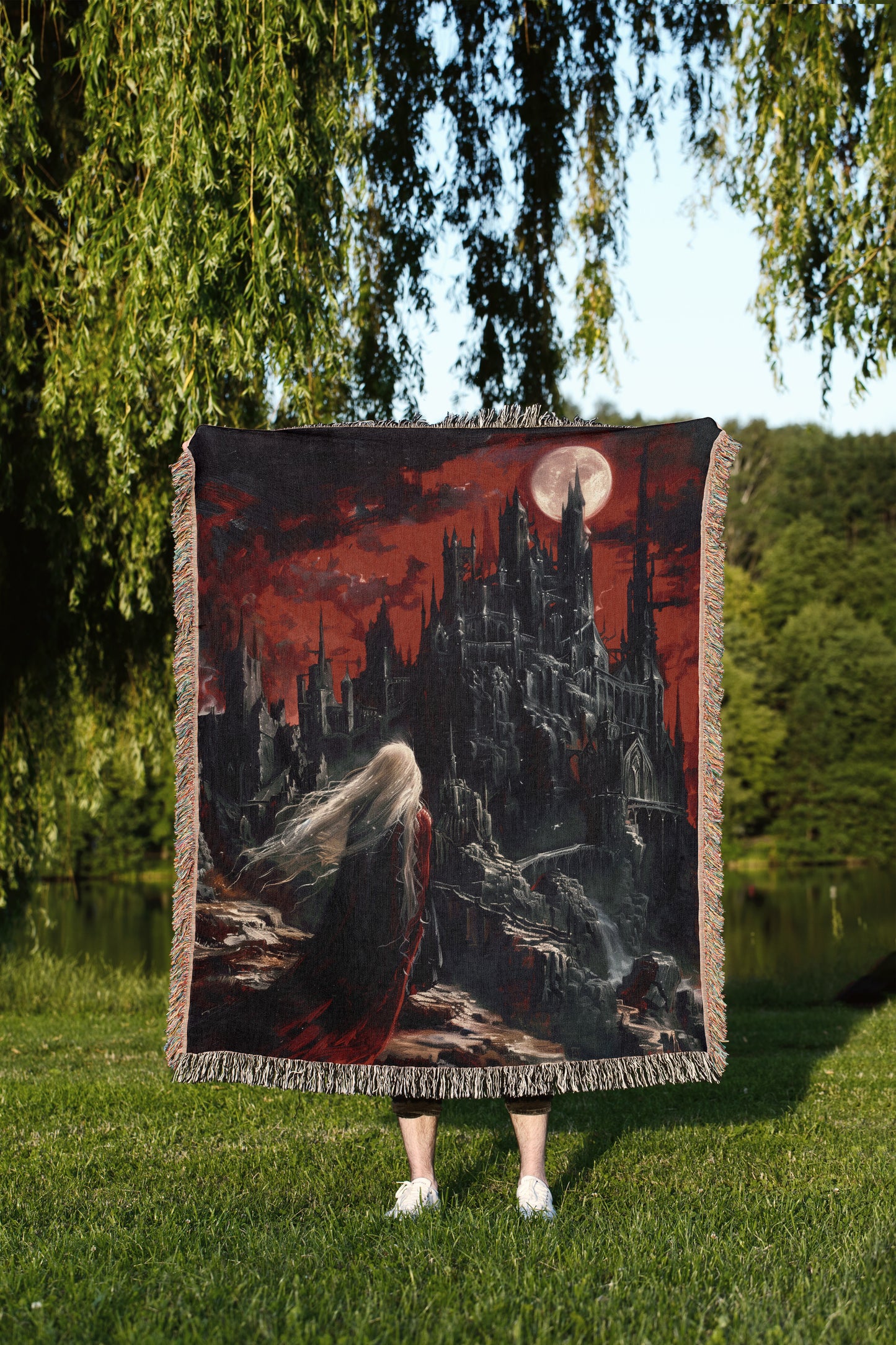 🕯️ Gothic Castle Blood Moon Woven Tapestry Blanket