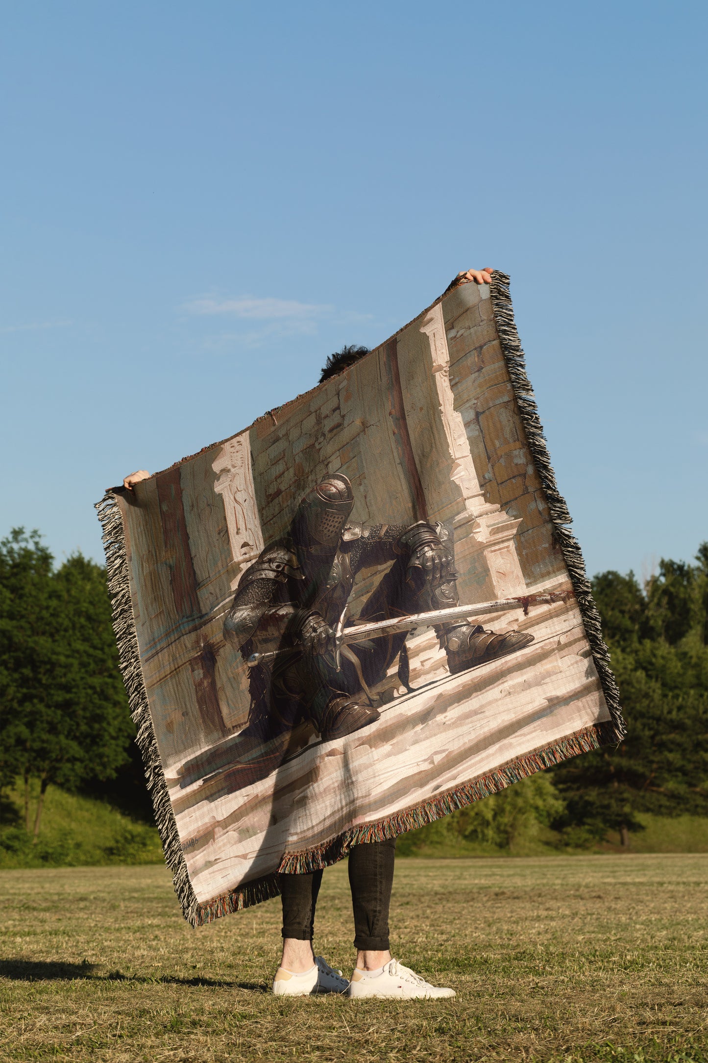 🛡️ Resting Knight Woven Tapestry Blanket