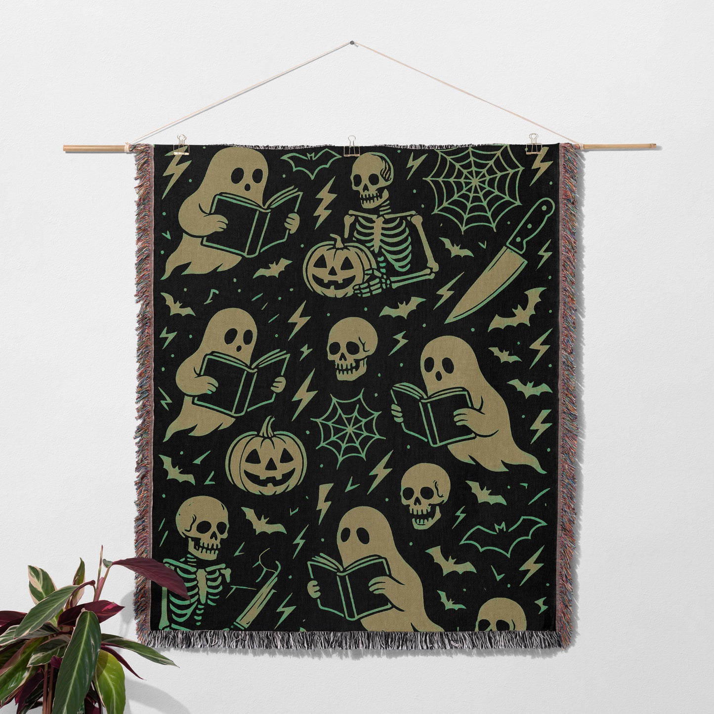 Greenish Spooky Ghost & Skeleton Blanket