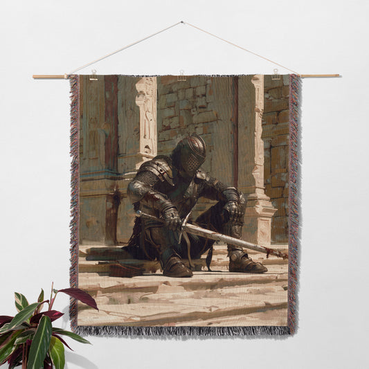 🛡️ Resting Knight Woven Tapestry Blanket