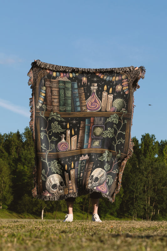 Enigmatic Witch's Library Woven Throw Blanket