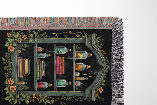 Enchanted Apothecary Bookshelf Woven Throw Blanket - MagicMerchEmporium