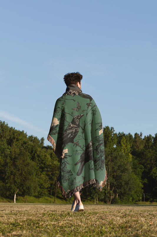 Gothic Raven & Botanical Woven Throw Blanket - MagicMerchEmporium