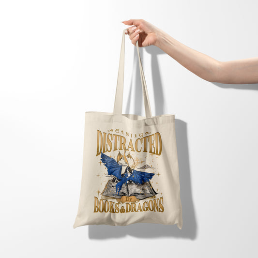 "Easily Distracted by Books & Dragons" Tote Bag