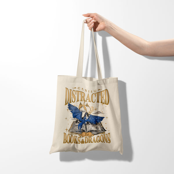 "Easily Distracted by Books & Dragons" Tote Bag