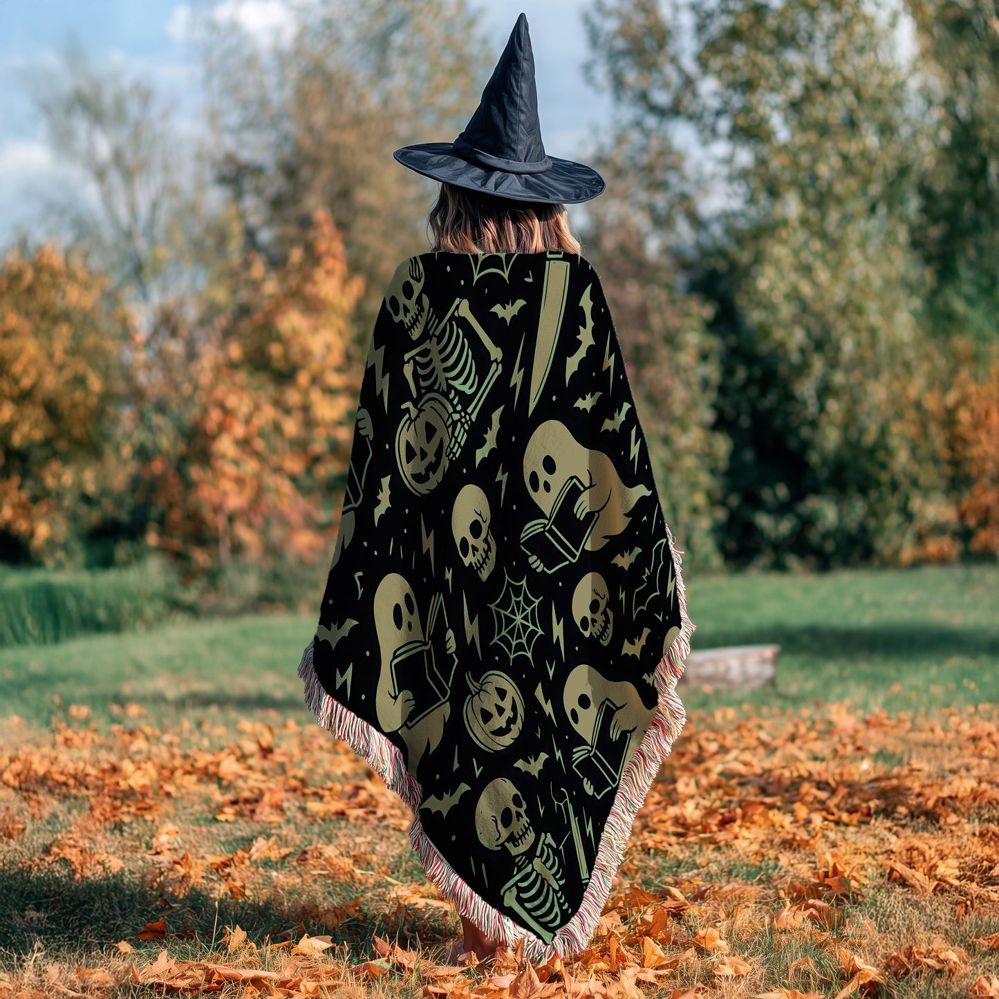 Greenish Spooky Ghost & Skeleton Blanket