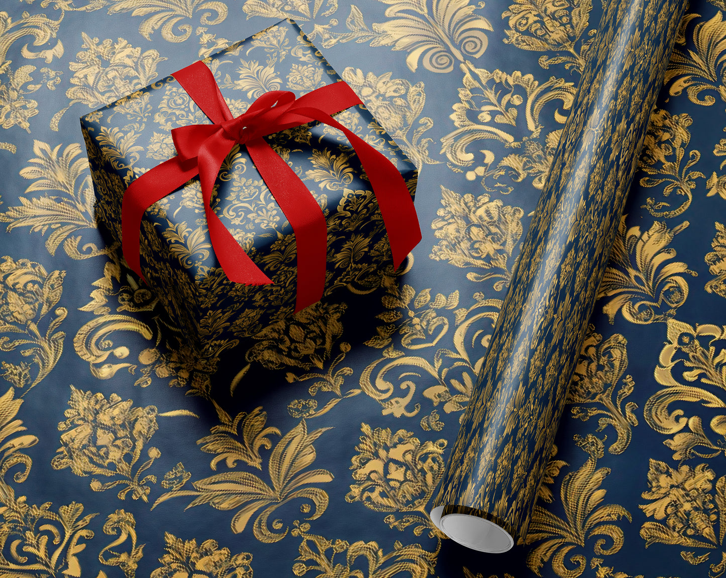 Navy Gold Baroque Floral Wrapping Paper