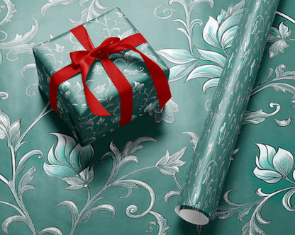 Teal and Silver Floral Damask Wrapping Paper
