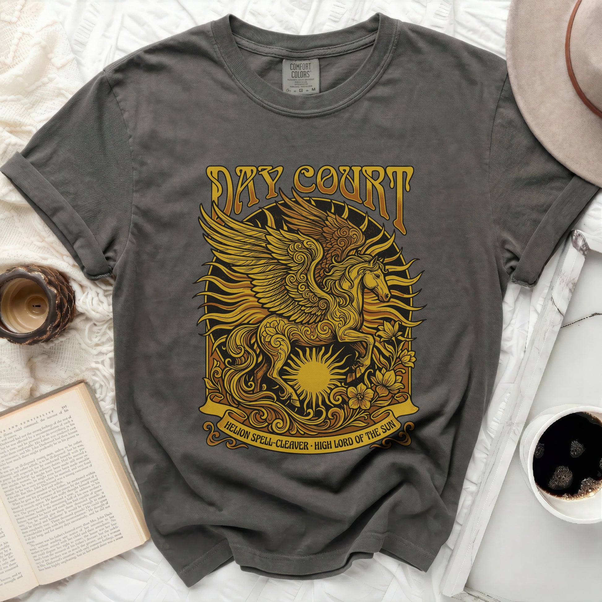 Dark grey t-shirt with "DAY COURT" and Pegasus graphic.