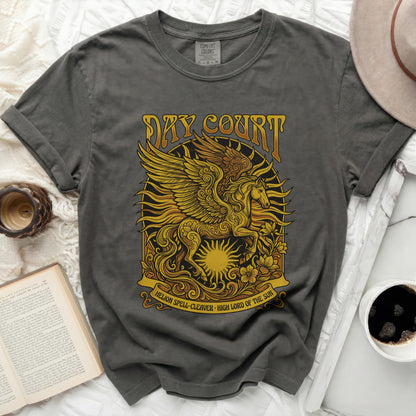 Dark grey t-shirt with "DAY COURT" and Pegasus graphic.