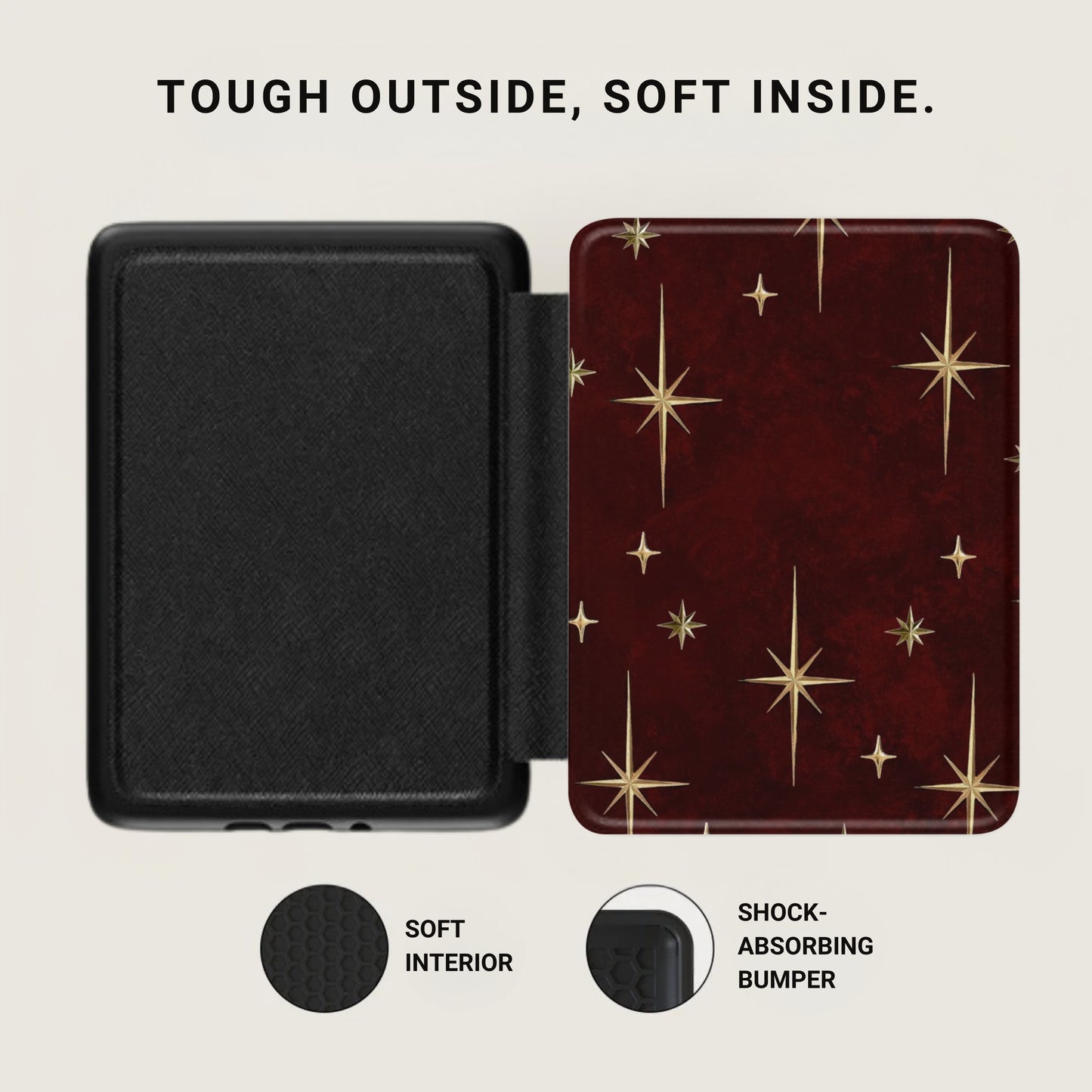 Black case with textured exterior and a star pattern interior, showing soft interior and bumper.