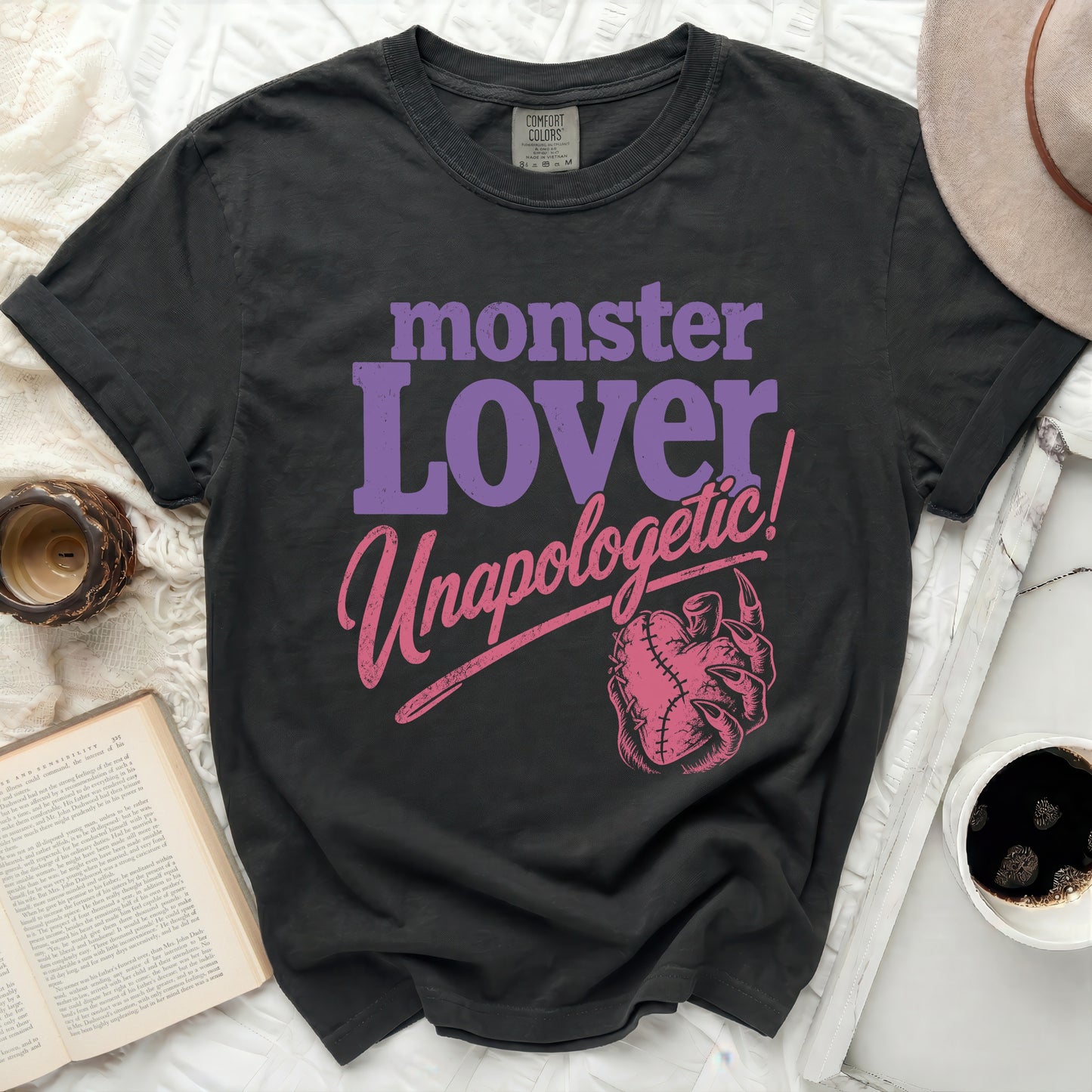 Black t-shirt with "Monster Lover Unapologetic!" and a heart graphic.