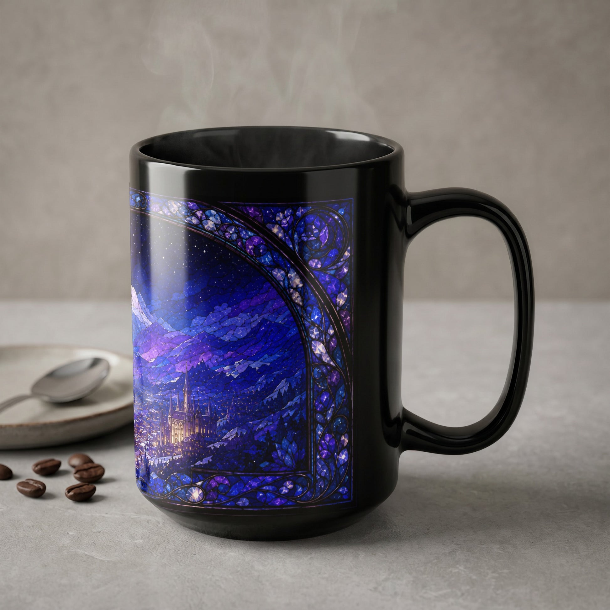 Black mug with a stained-glass style print of a castle and snowy mountains.