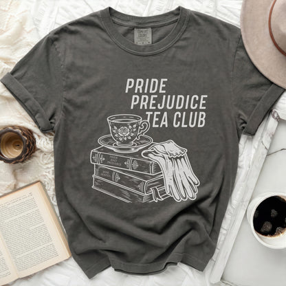 Pride and Prejudice Tea Club graphic on a charcoal t-shirt.