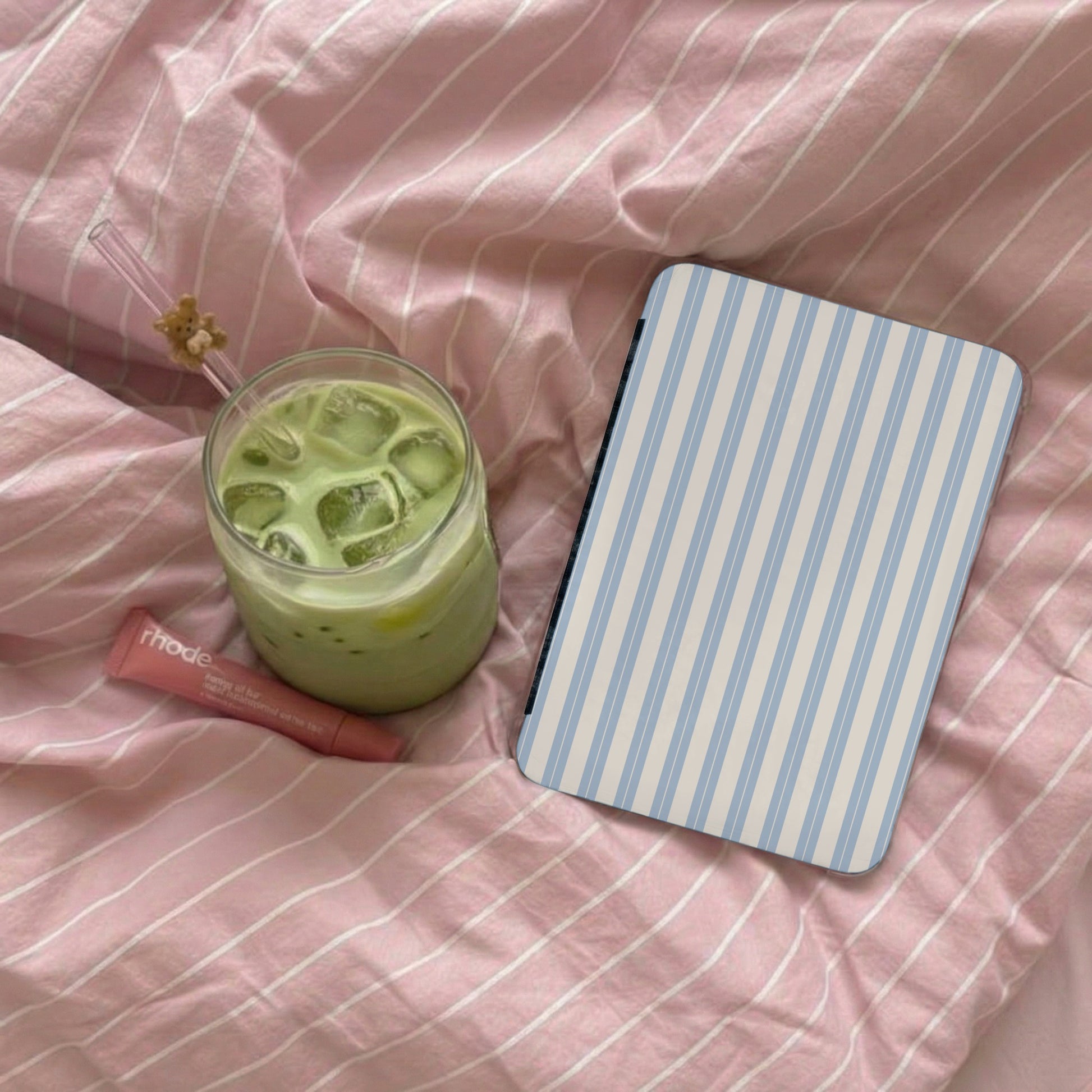 Pastel Striped Tablet Cover on Pink Striped Bedding