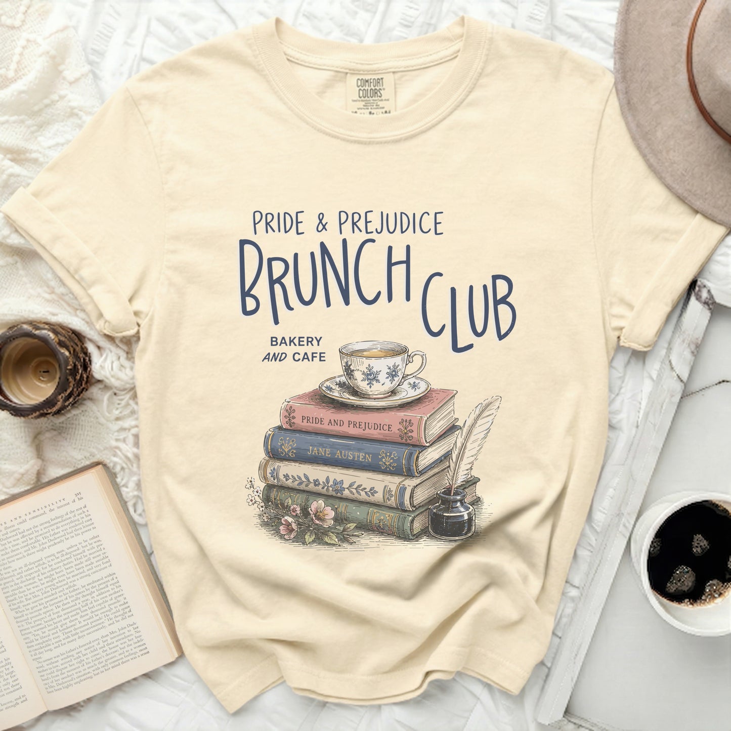 Pride & Prejudice Brunch Club bakery and cafe t-shirt.