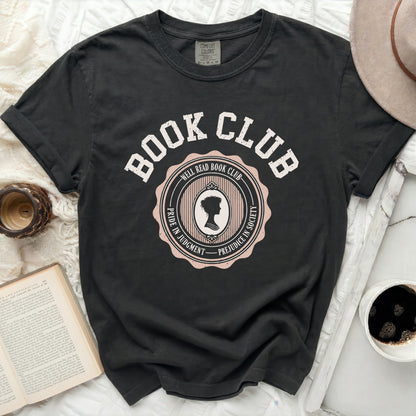 Black t-shirt with "Book Club" and silhouette in a pink seal design.