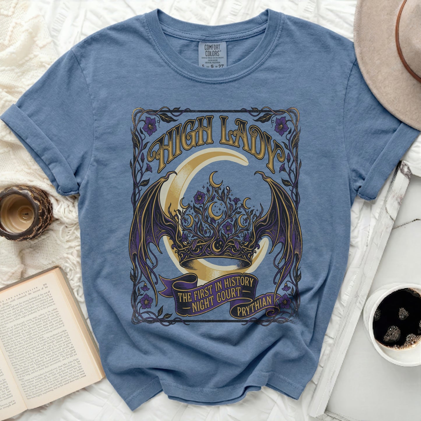 Blue t-shirt with "HIGH LADY THE FIRST IN HISTORY NIGHT COURT PRYTHIAN" graphic.