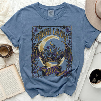 Blue t-shirt with "HIGH LADY THE FIRST IN HISTORY NIGHT COURT PRYTHIAN" graphic.
