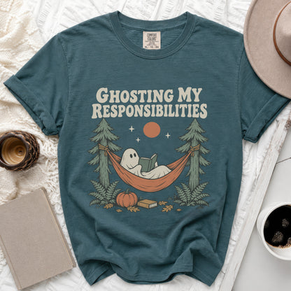 Teal t-shirt with ghost reading in hammock graphic and text "Ghosting My Responsibilities".